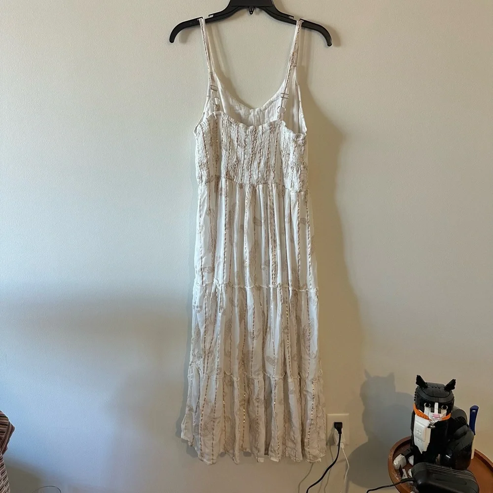 Me 2 Magic Anthropologie Boho Maxi Dress Ivory Gold Metallic Sequin Tie XL - Picture 2 of 7